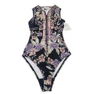 NWT Hale Bob Gemi Zip-Up One Piece Swimsuit XS Black Pink Floral 0YNS9193 H10.3